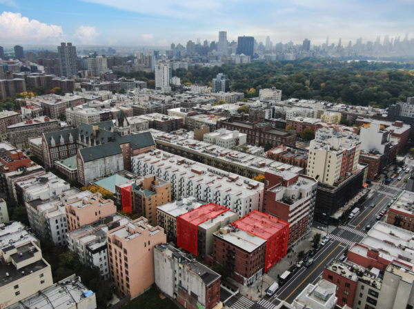 aerial view of mixed use buildings for sale at maltz auctions in new york