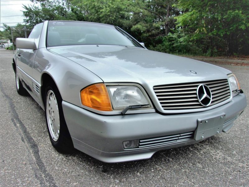 angled front of silver mercedes convertible for sale at maltz automobile auctions