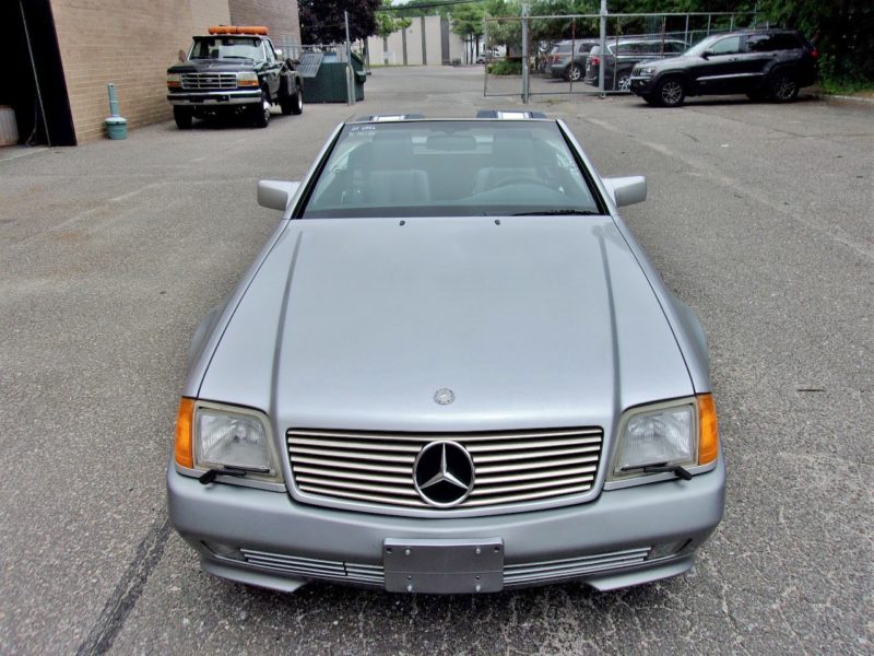 front of old silver mercedes convertible for sale at maltz automobile auctions