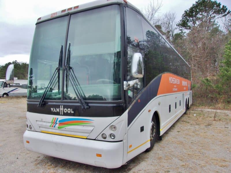 Front side of bus up for auction at Maltz Auctions