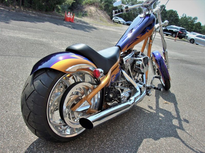 back of purple and gold chopper up for auto auction at maltz auctions